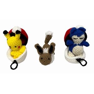 Pokemon Handmade Crochet 5 Mini Pikachu, Snorlax, Eevee & 2 Pokeballs - 5x3